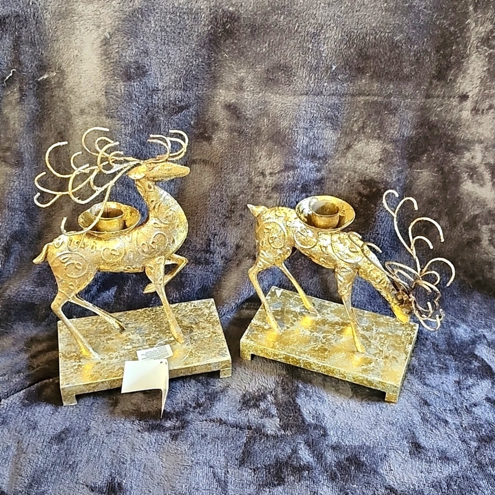 Bombay Gold Silver Reindeer Candle Holders Set of 2 Metal Holiday Decor